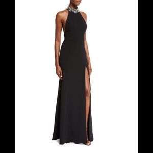Marchesa Notte - Halter Sleeveless Embellished Ponte Black Gown - Backless